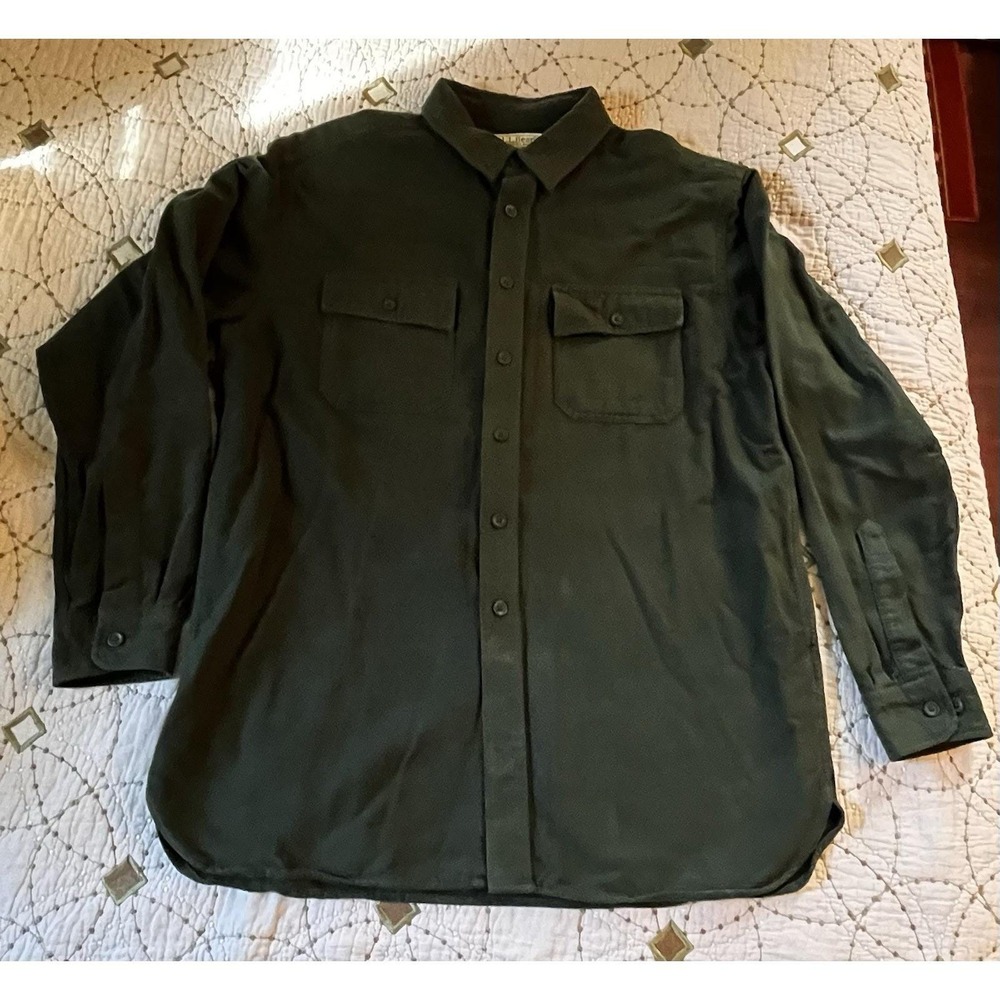 LL Bean Chamois Cloth Shirt Mens Large Green Cotton Heavy Flannel 187923